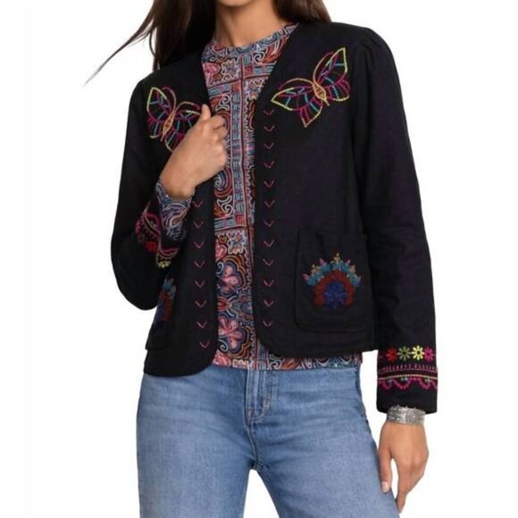 Johnny Was Carmina Bolero Jacket Black Embroidered Boho L - Picture 2 of 10